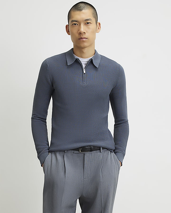 Grey Muscle Fit Textured Polo Shirt