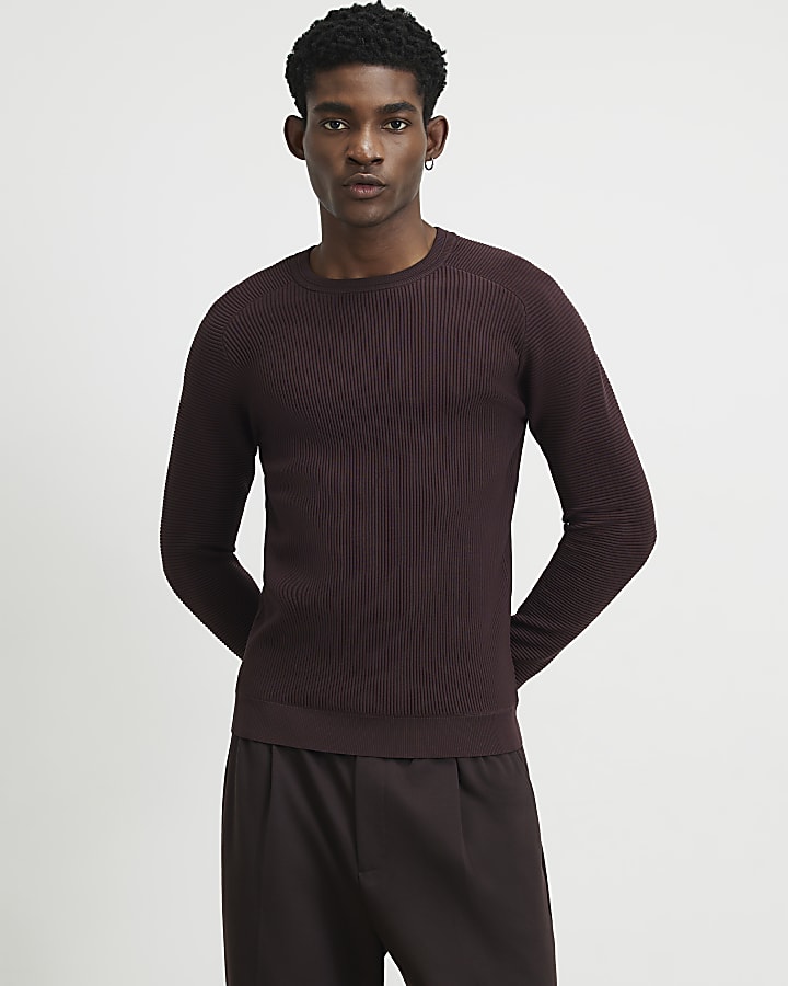 Burgundy Muscle Fit Long Sleeve Jumper