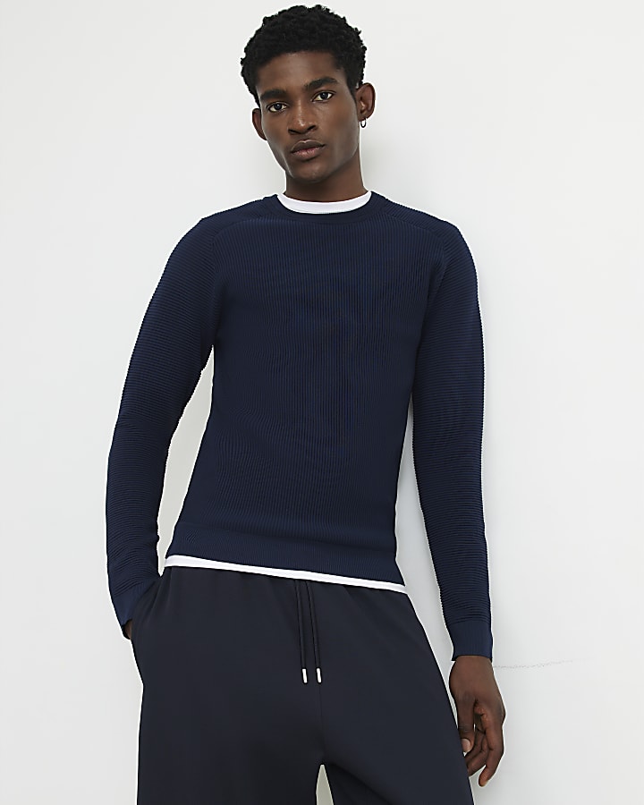 Navy Muscle Fit Long Sleeve Jumper