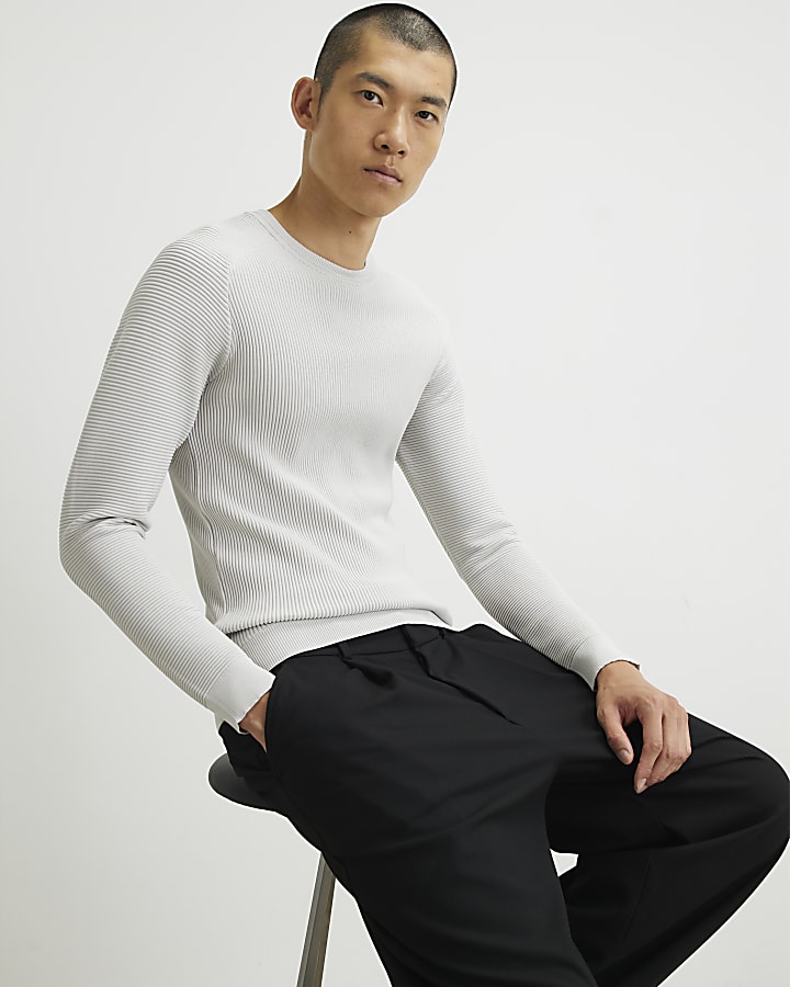 Grey Muscle Fit Long Sleeve Jumper