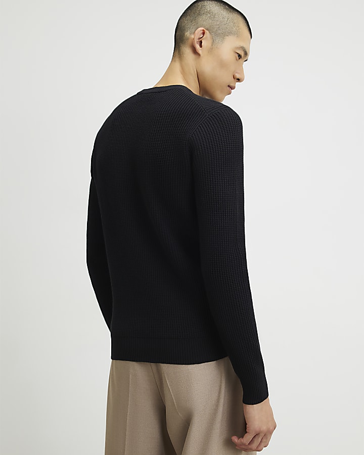 Black Slim Fit Cotton Waffle Knitted Jumper