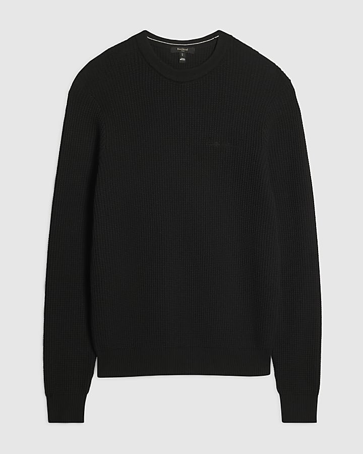 Black Slim Fit Cotton Waffle Knitted Jumper