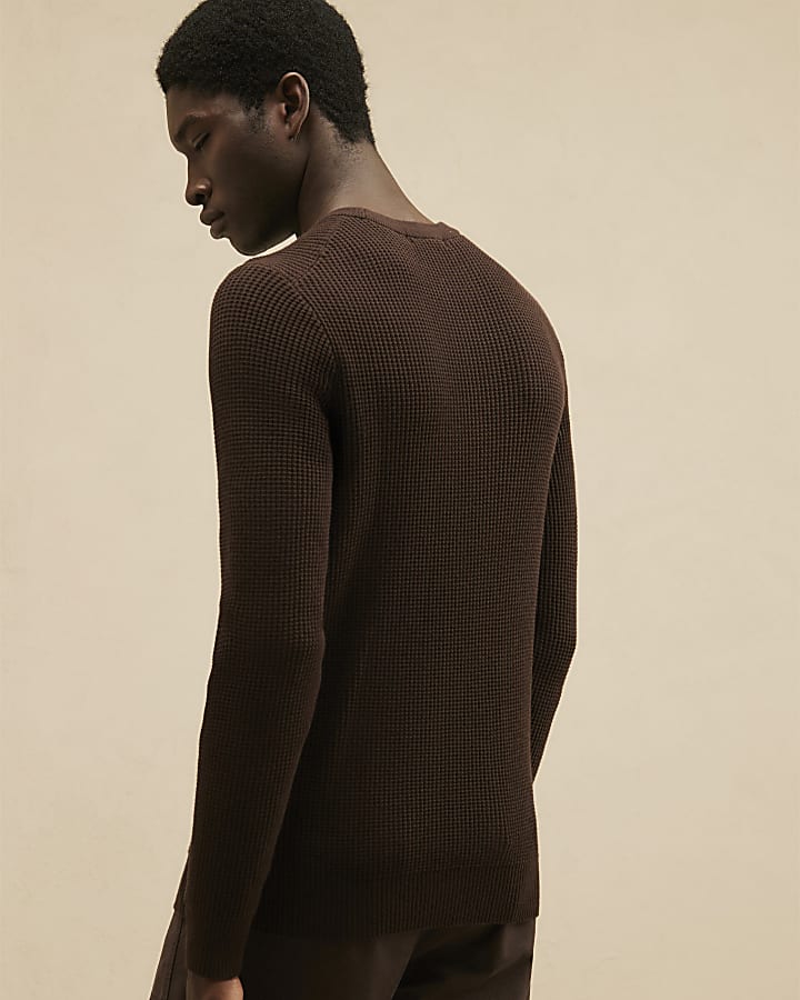 Brown Cotton Waffle Knitted Jumper