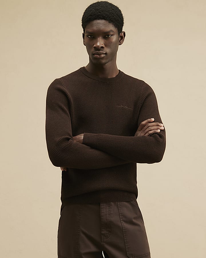 Brown Cotton Waffle Knitted Jumper