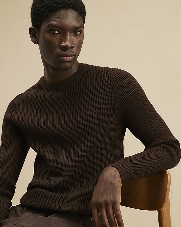 Brown Cotton Waffle Knitted Jumper