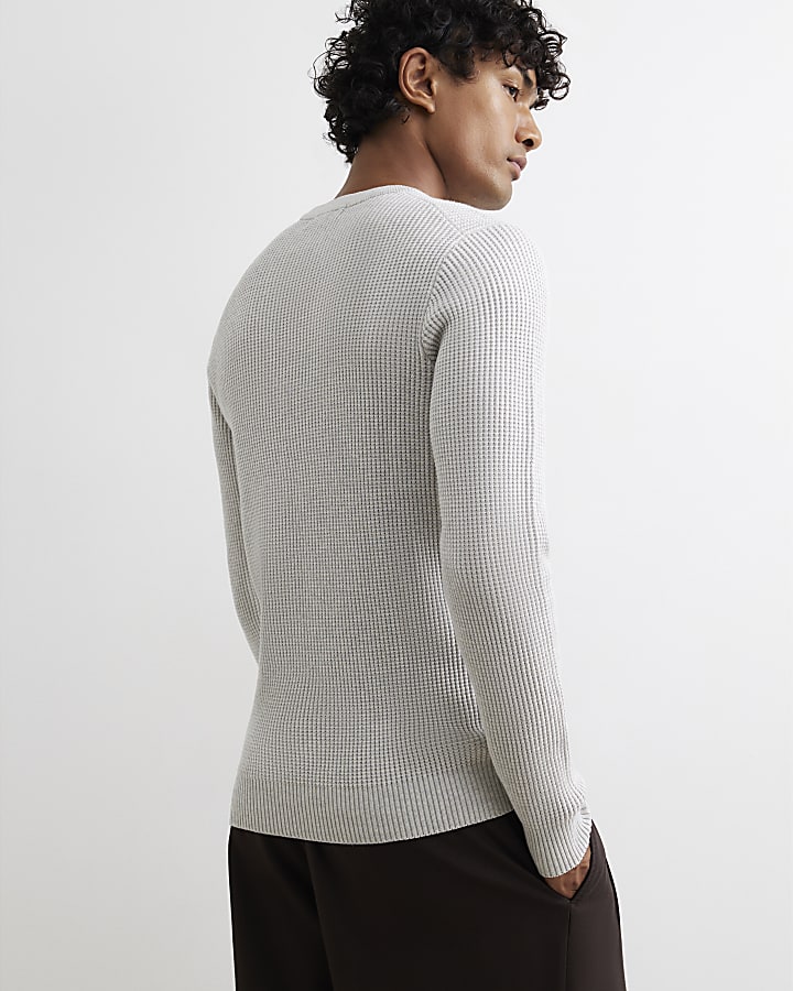 Grey Slim Fit Cotton Waffle Knitted Jumper