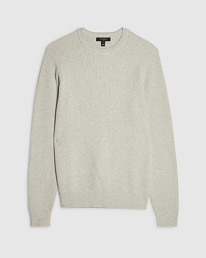 Grey Slim Fit Cotton Waffle Knitted Jumper