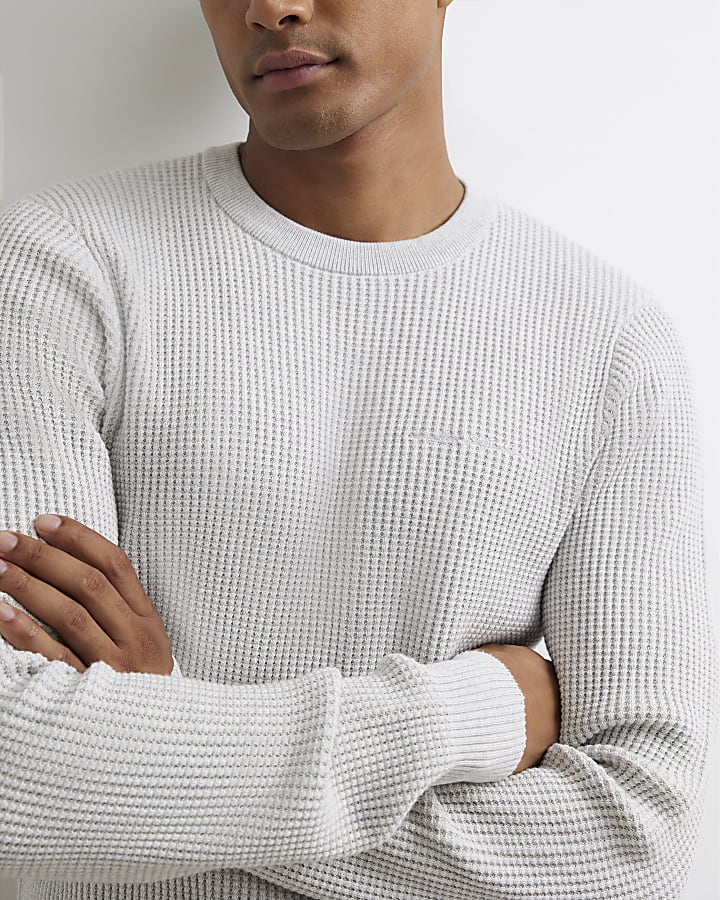 Grey Slim Fit Cotton Waffle Knitted Jumper
