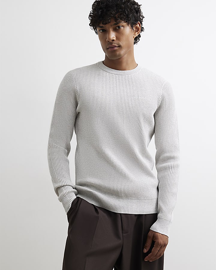Grey Slim Fit Cotton Waffle Knitted Jumper