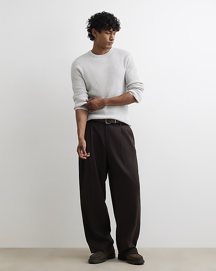 Grey Slim Fit Cotton Waffle Knitted Jumper