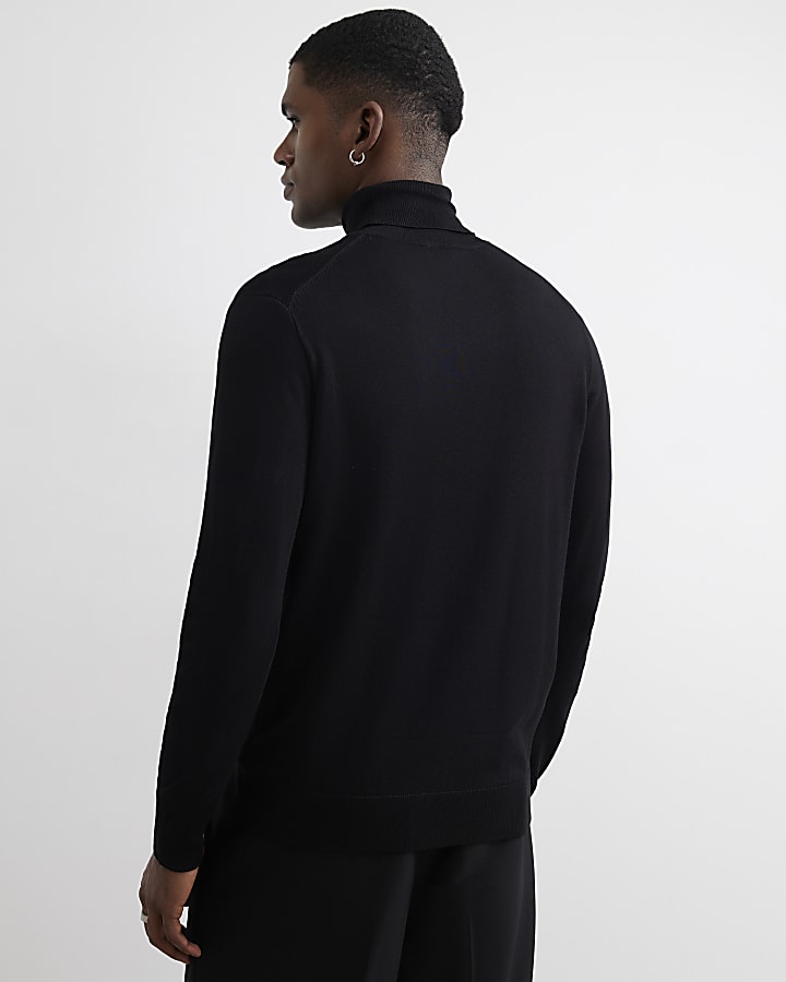 Black Slim Fit Cotton Roll Neck Jumper