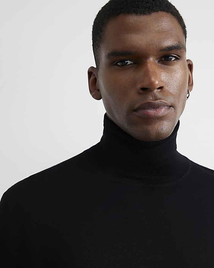 Black Slim Fit Cotton Roll Neck Jumper