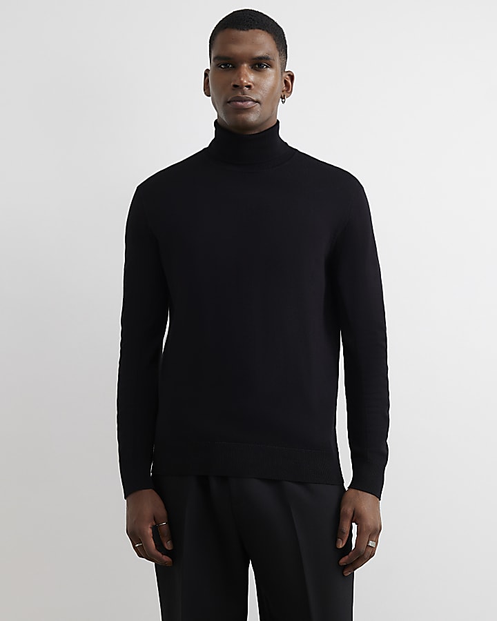 Black Slim Fit Cotton Roll Neck Jumper