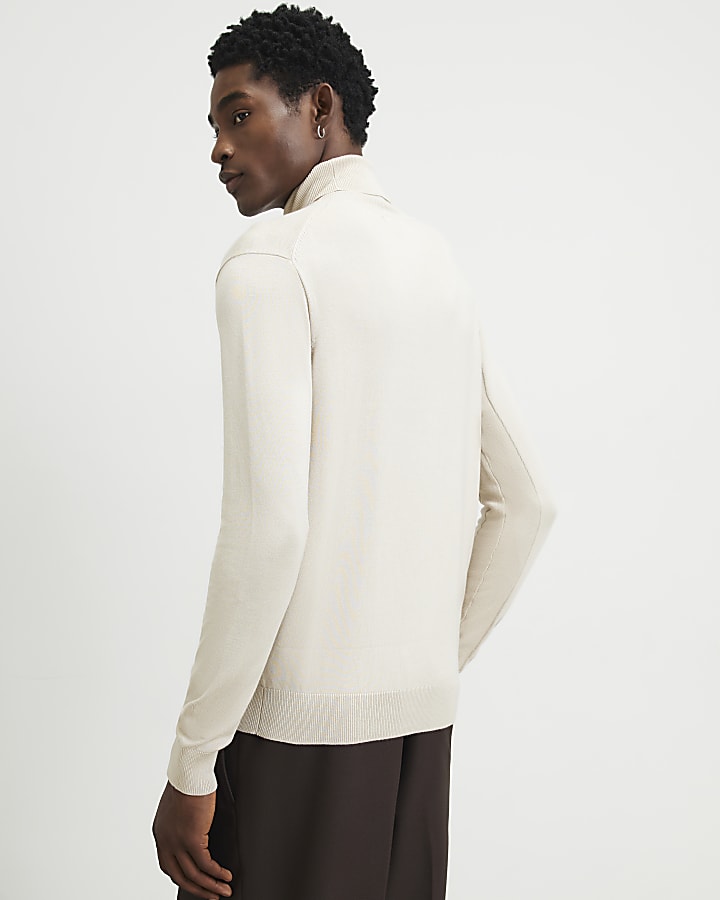 Beige Slim Fit Roll Neck Jumper