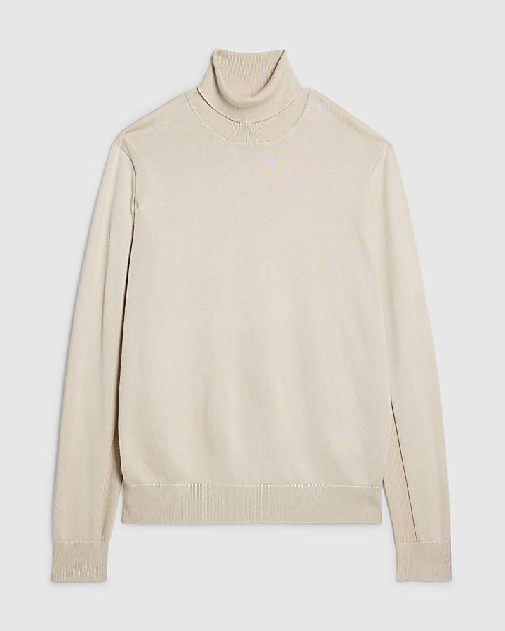 Beige Slim Fit Roll Neck Jumper