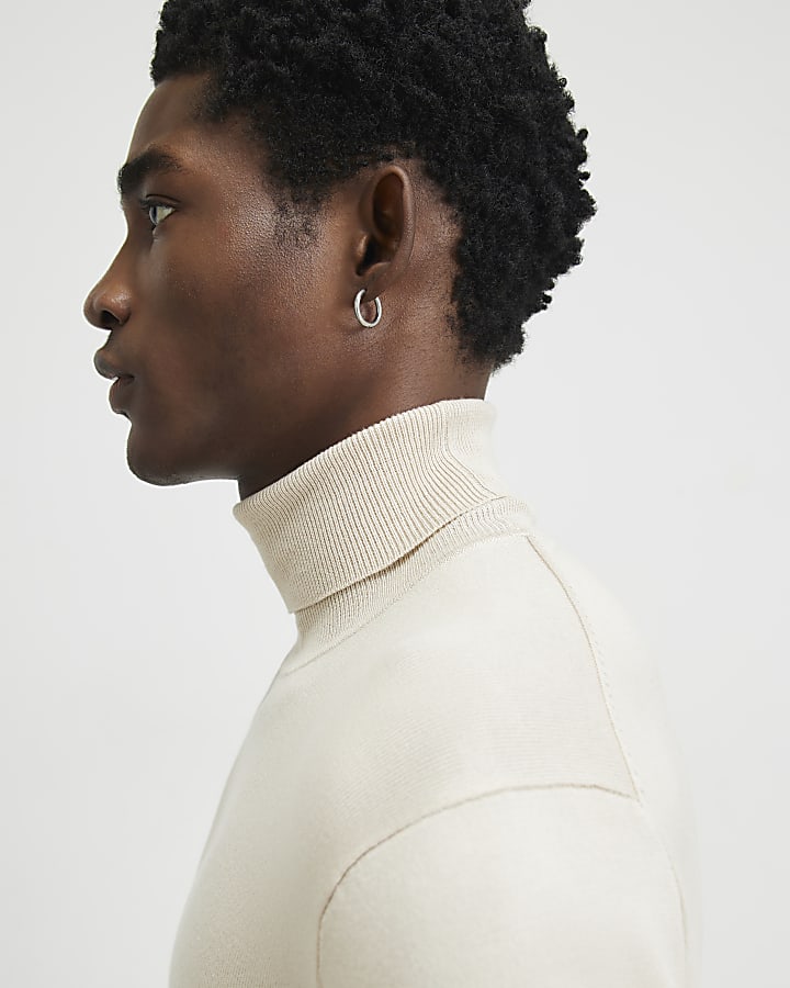 Beige Slim Fit Roll Neck Jumper