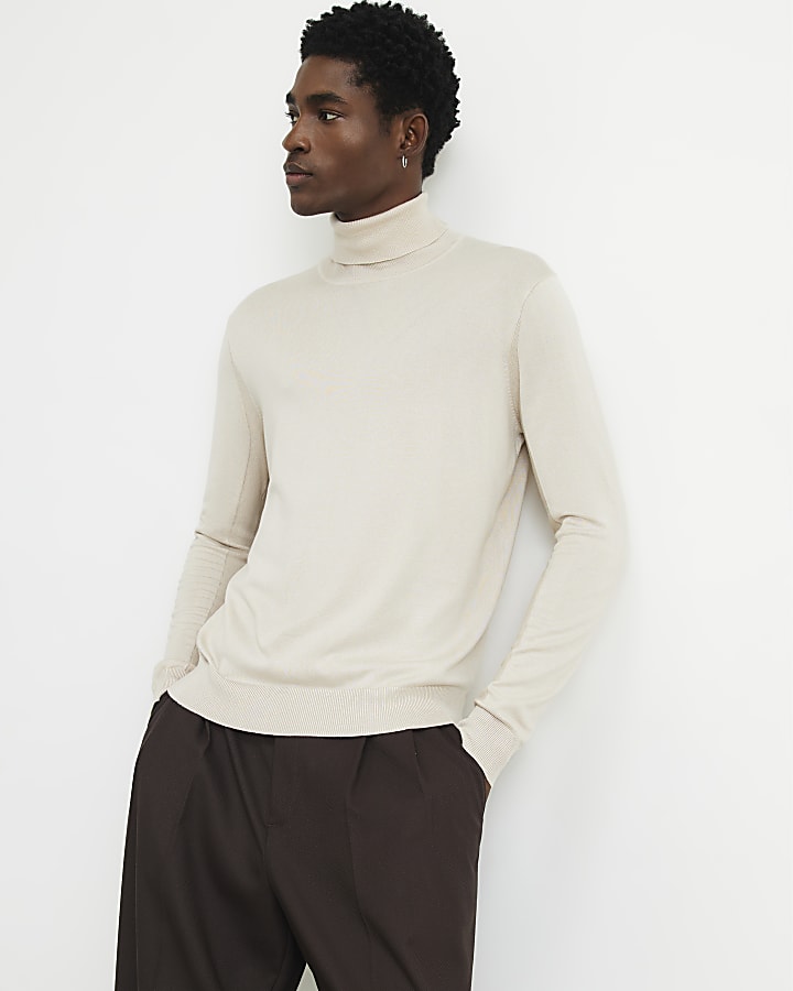 Beige Slim Fit Roll Neck Jumper
