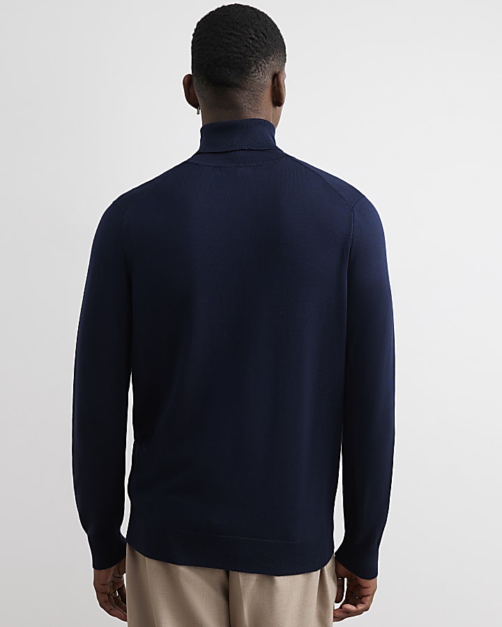 Navy Slim Fit Cotton Roll Neck Jumper