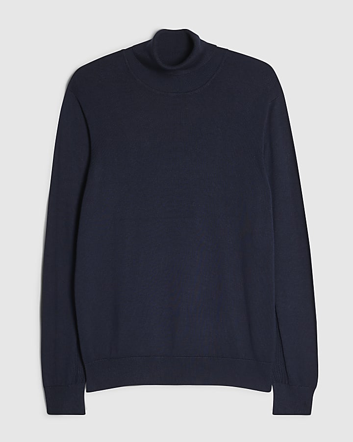Navy Slim Fit Cotton Roll Neck Jumper