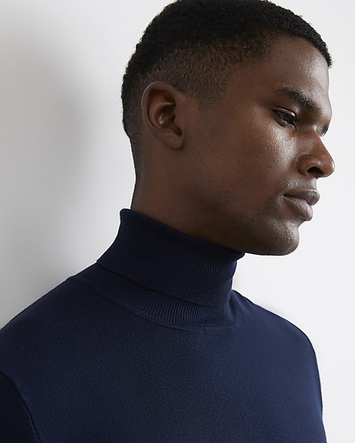 Navy Slim Fit Cotton Roll Neck Jumper