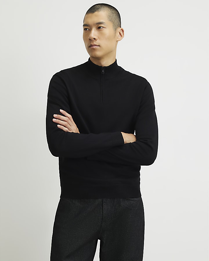 Black Slim Fit Half Zip Jumper