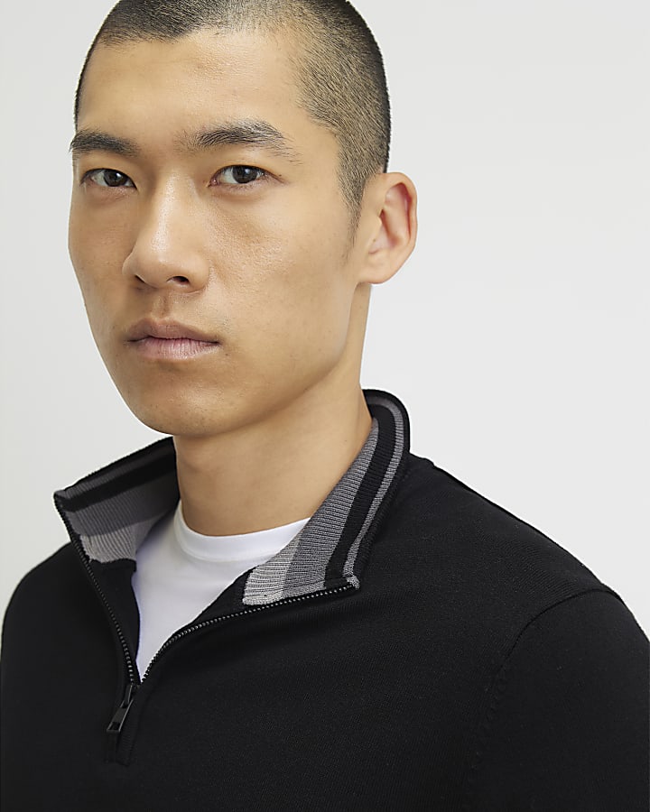 Black Slim Fit Half Zip Jumper