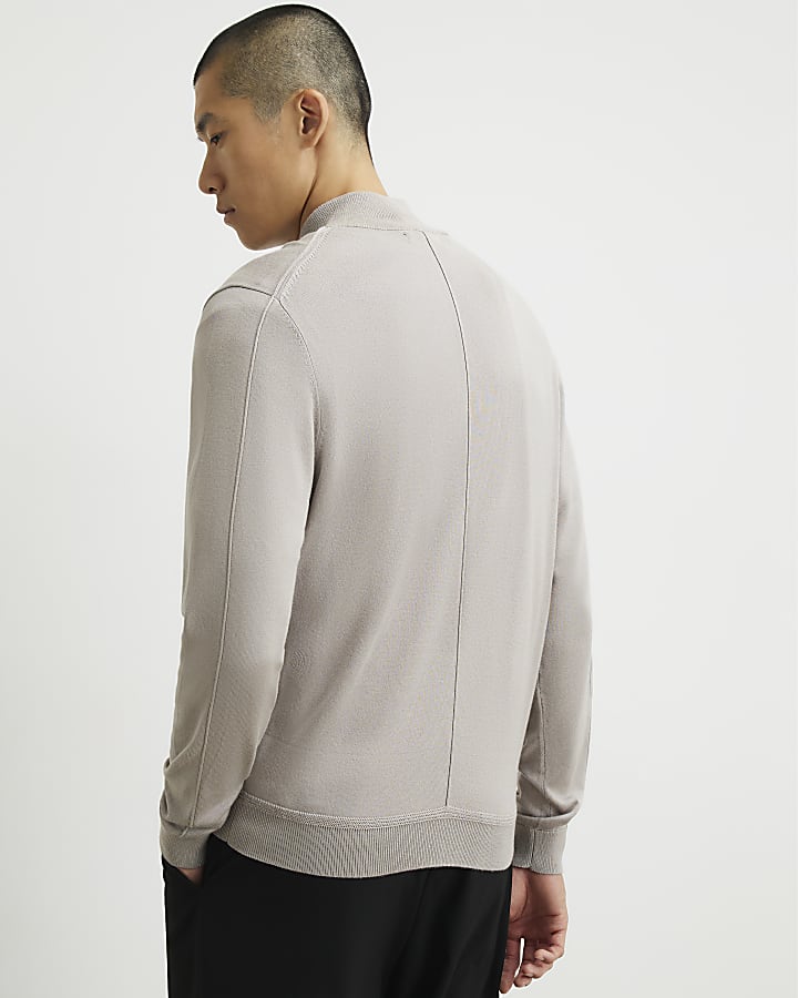 Beige Slim Fit Half Zip Jumper