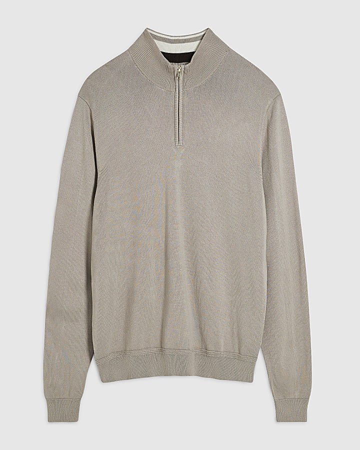Beige Slim Fit Half Zip Jumper