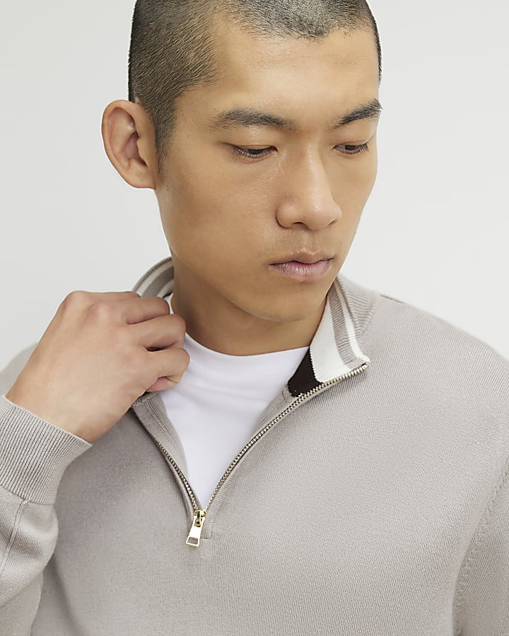 Beige Slim Fit Half Zip Jumper