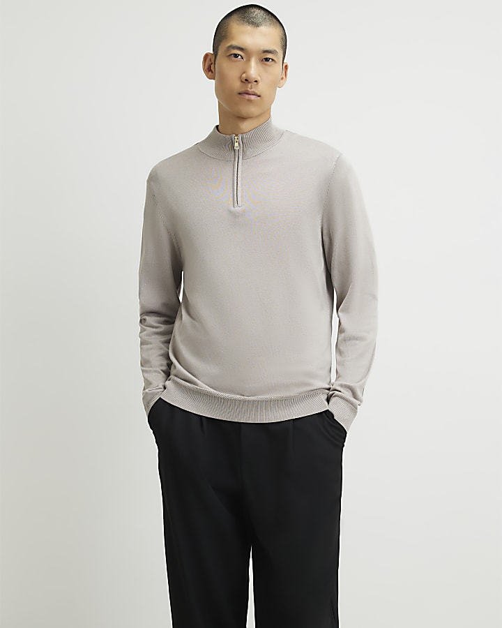 Beige Slim Fit Half Zip Jumper