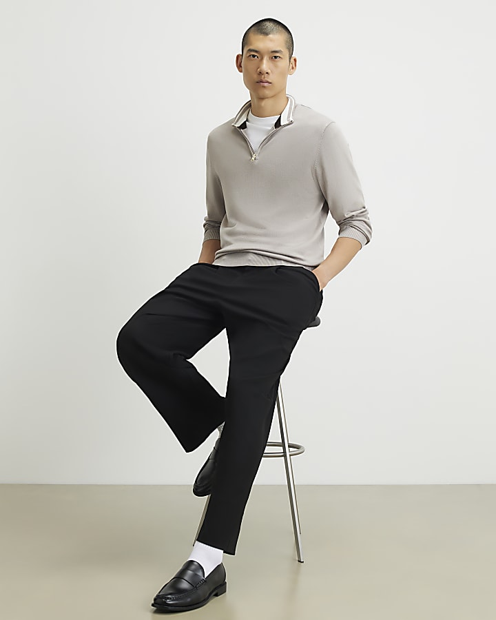 Beige Slim Fit Half Zip Jumper