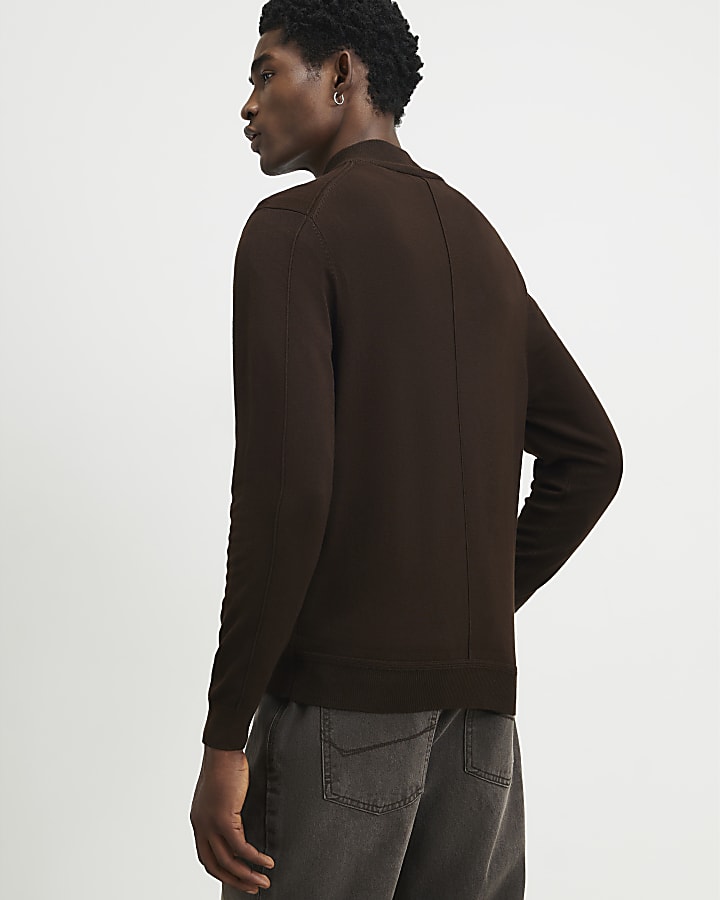 Brown Slim Fit Half Zip Jumper