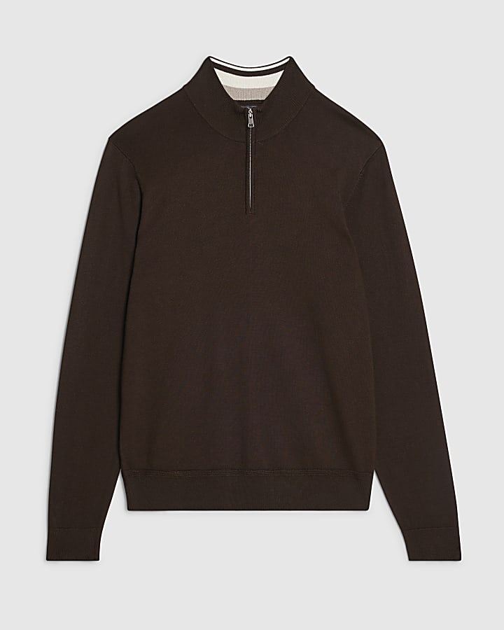 Brown Slim Fit Half Zip Jumper