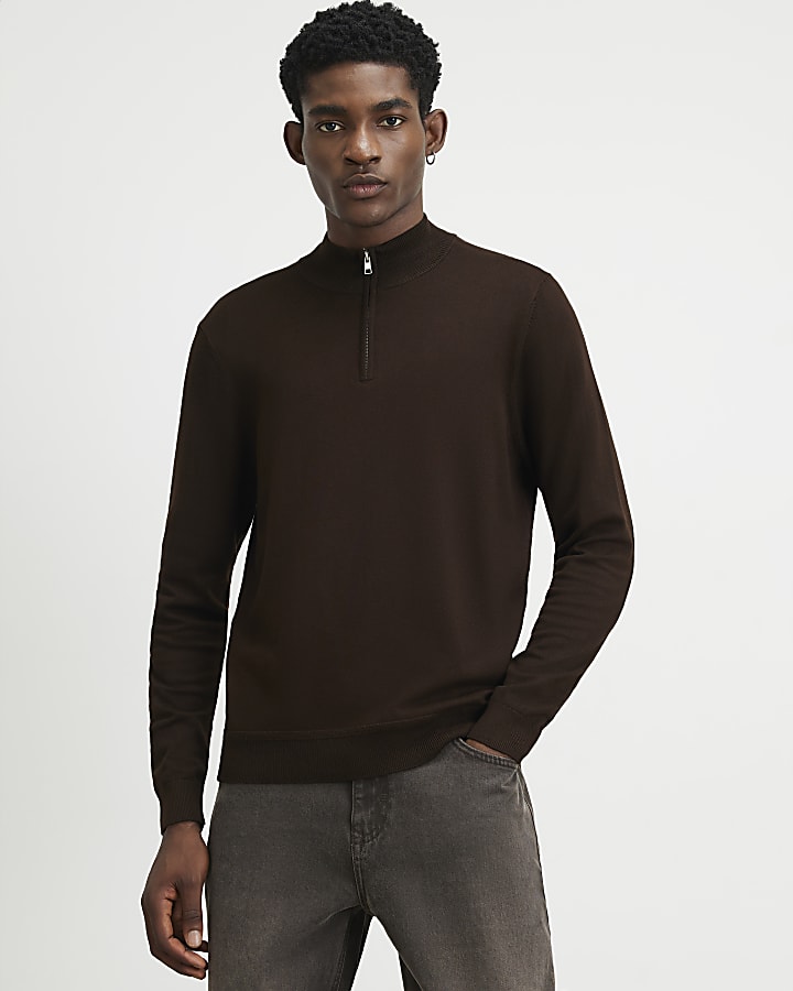Brown Slim Fit Half Zip Jumper