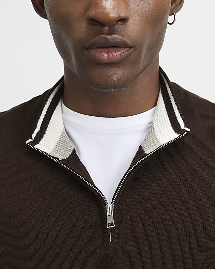 Brown Slim Fit Half Zip Jumper