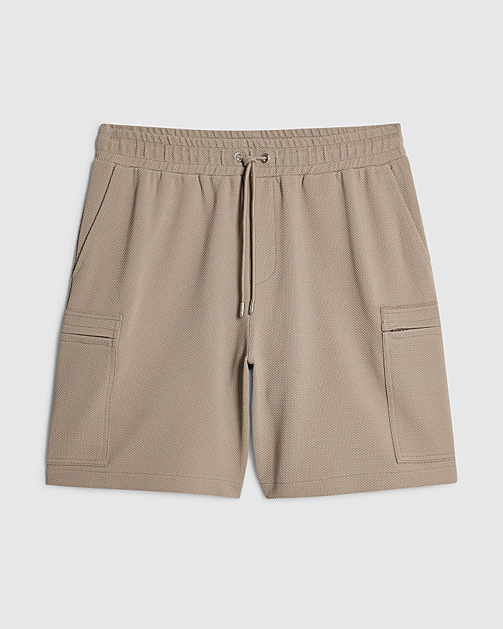 Beige Regular Fit Textured Cargo Shorts