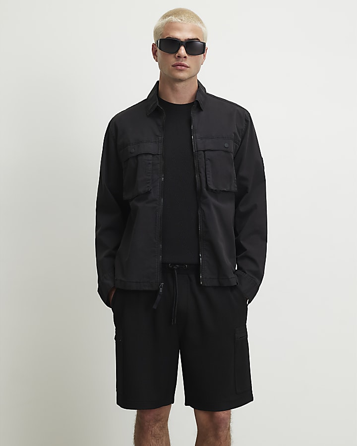 Black Regular Fit Textured Cargo Shorts