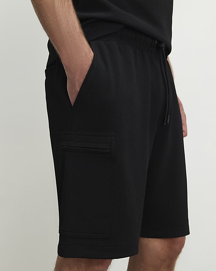 Black Regular Fit Textured Cargo Shorts