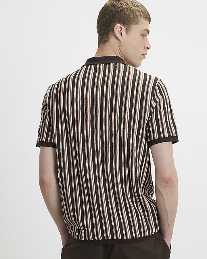 Brown Slim Fit Crochet Stripe Polo Shirt