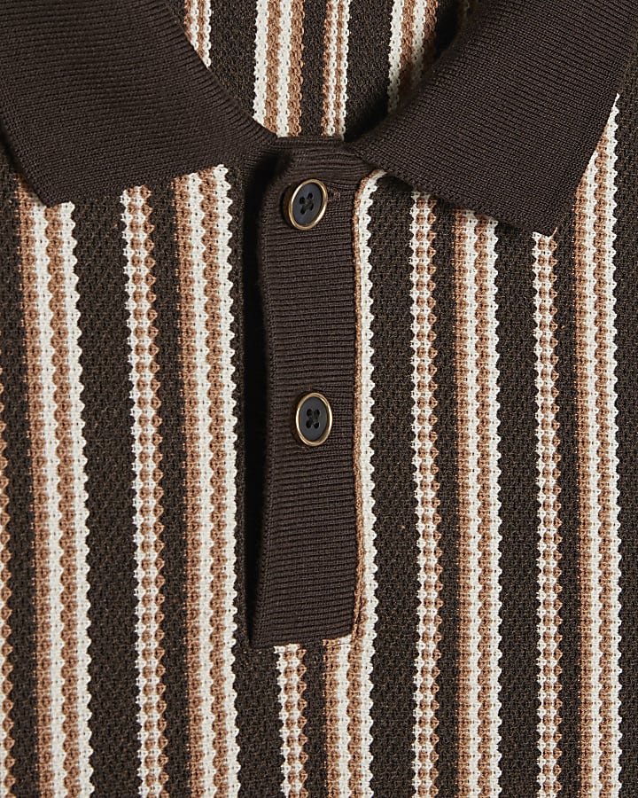 Brown Slim Fit Crochet Stripe Polo Shirt