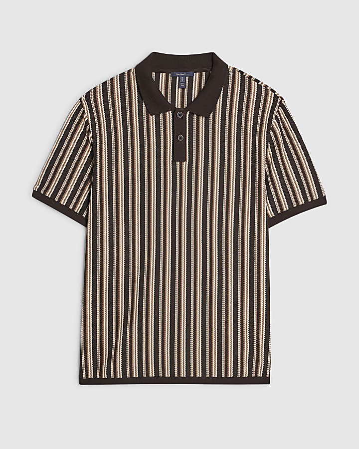 Brown Slim Fit Crochet Stripe Polo Shirt