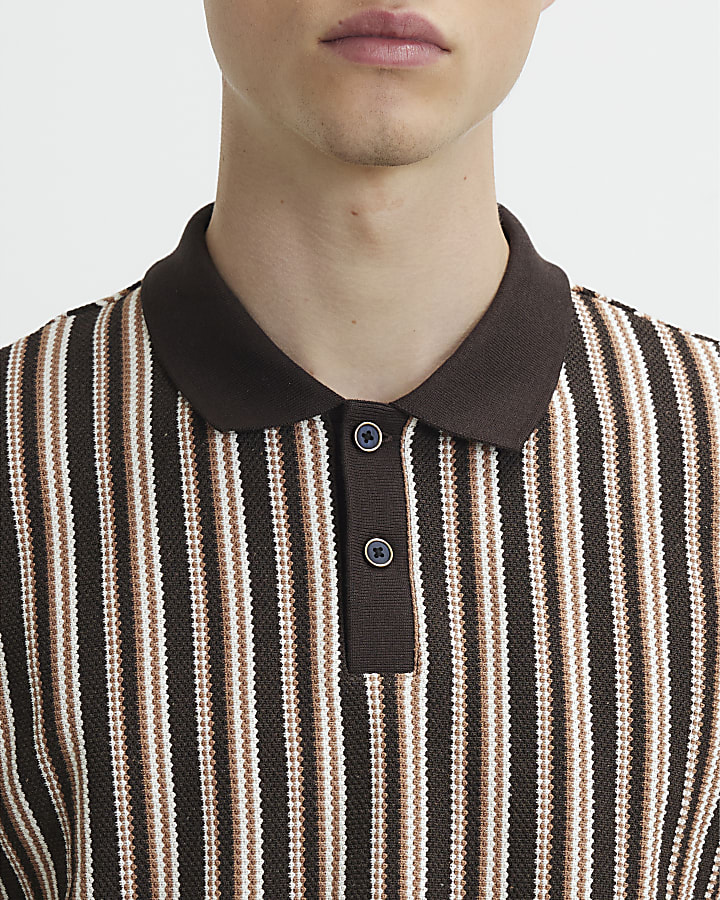 Brown Slim Fit Crochet Stripe Polo Shirt