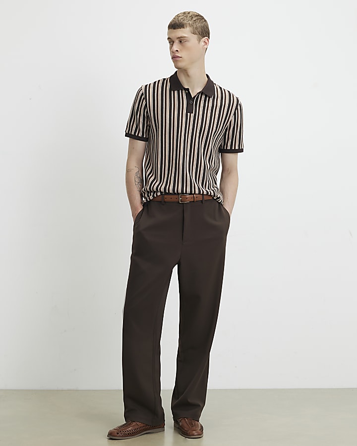 Brown Slim Fit Crochet Stripe Polo Shirt