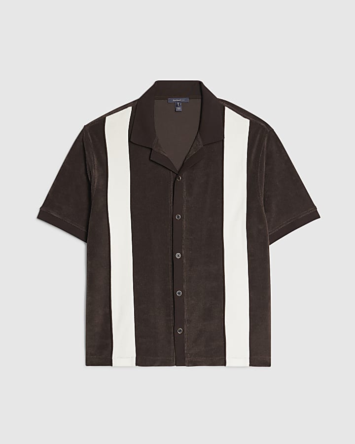 Brown Regular Fit Stripe Towelling Shirt