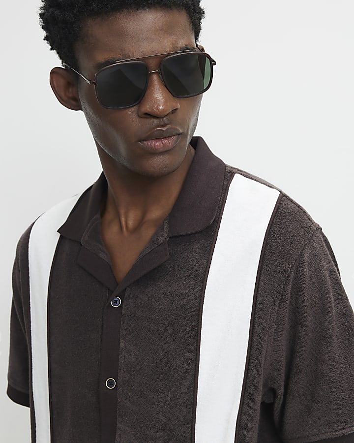 Brown Regular Fit Stripe Towelling Shirt