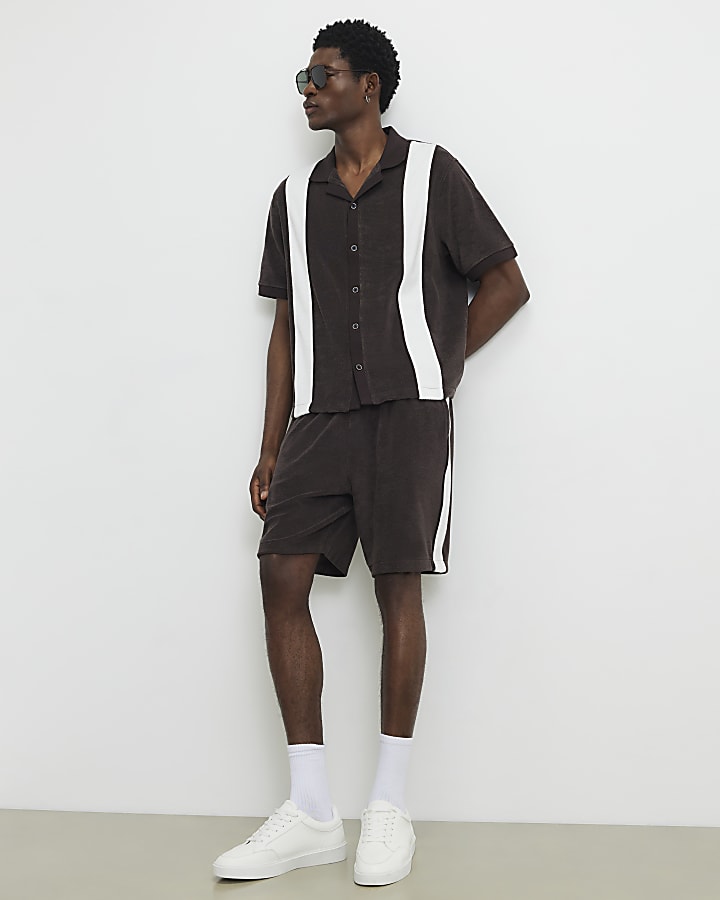 Brown Regular Fit Stripe Towelling Shirt