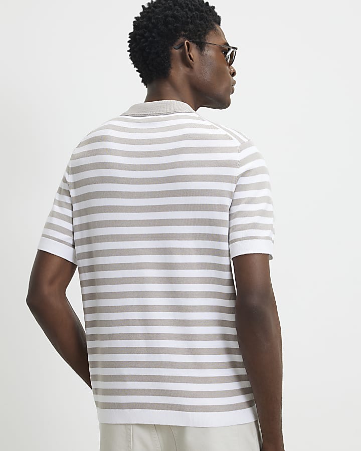 Beige Slim Fit Stripe Knitted Polo Shirt