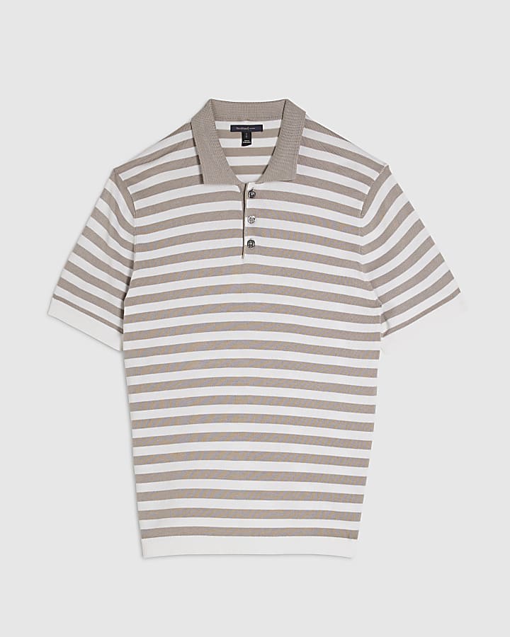 Beige Slim Fit Stripe Knitted Polo Shirt