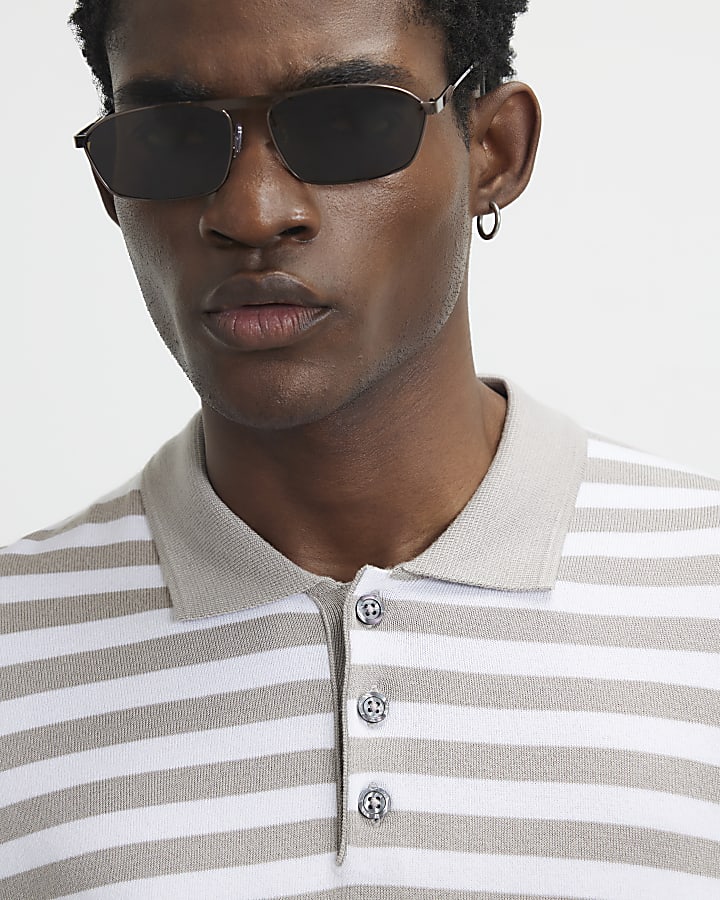 Beige Slim Fit Stripe Knitted Polo Shirt