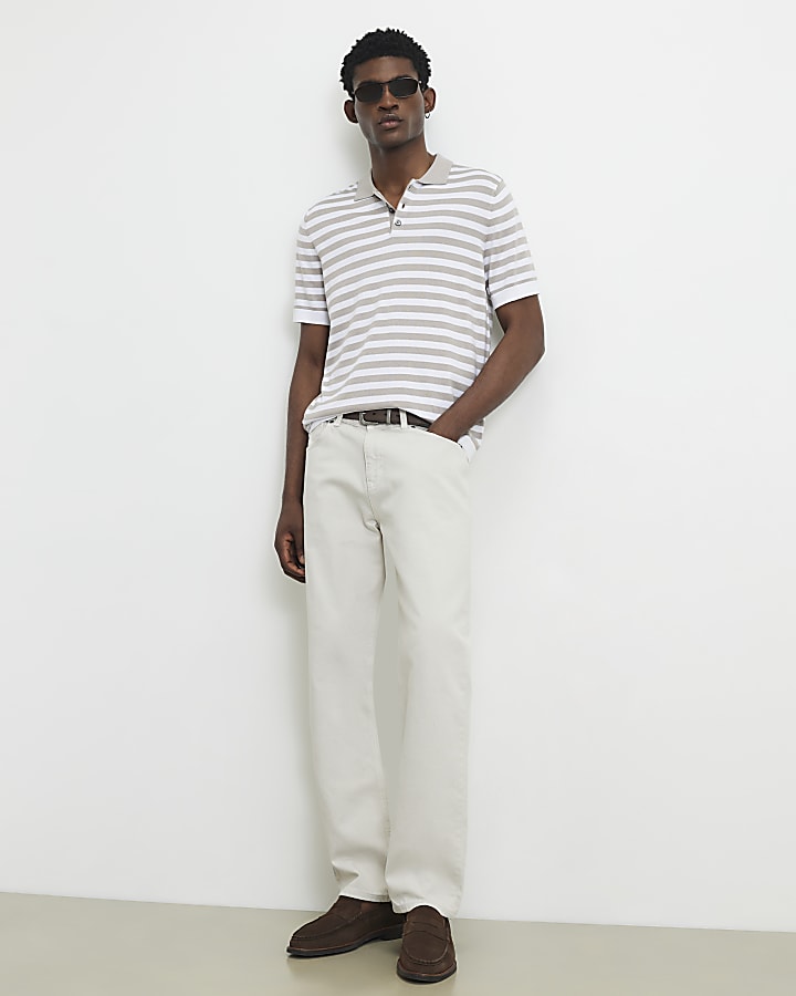 Beige Slim Fit Stripe Knitted Polo Shirt